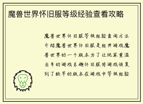 魔兽世界怀旧服等级经验查看攻略