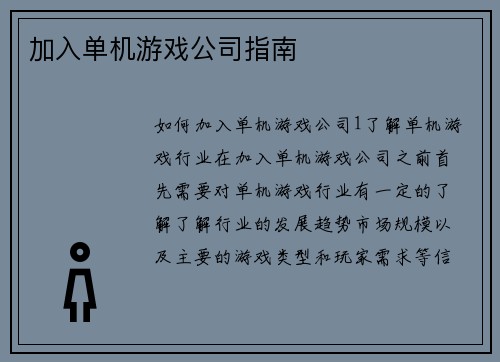 加入单机游戏公司指南