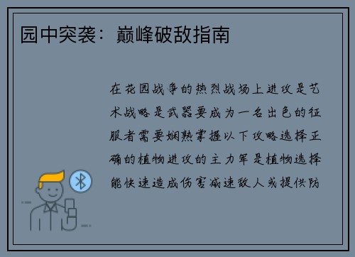 园中突袭：巅峰破敌指南